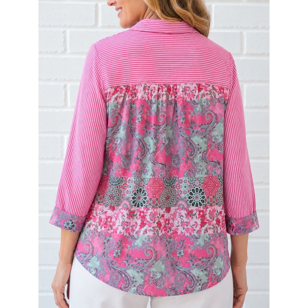 Womens XL Pink White Striped Button Front Blouse Paisley Trim Roll Tab Sleeve